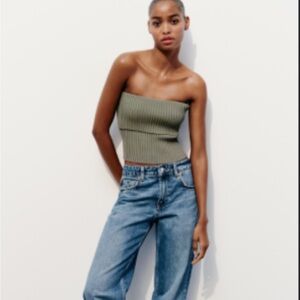 Zara Ribbed Strapless Tube Top in Olive Green